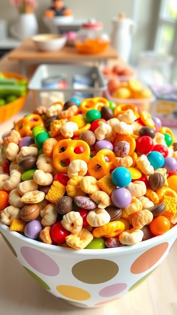 A bowl of colorful kids snack mix with cereal, pretzels, chocolate candies, and dried fruits.